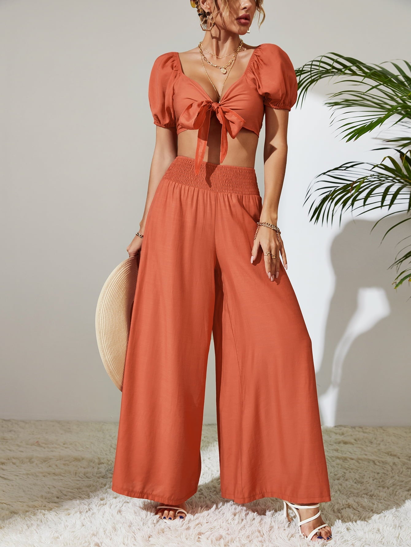 Tie Front Cropped Top and Smocked Wide Leg Pants Set The Stout Steer