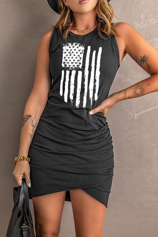 US Flag Graphic Tulip Hem Ruched Sleeveless Dress The Stout Steer
