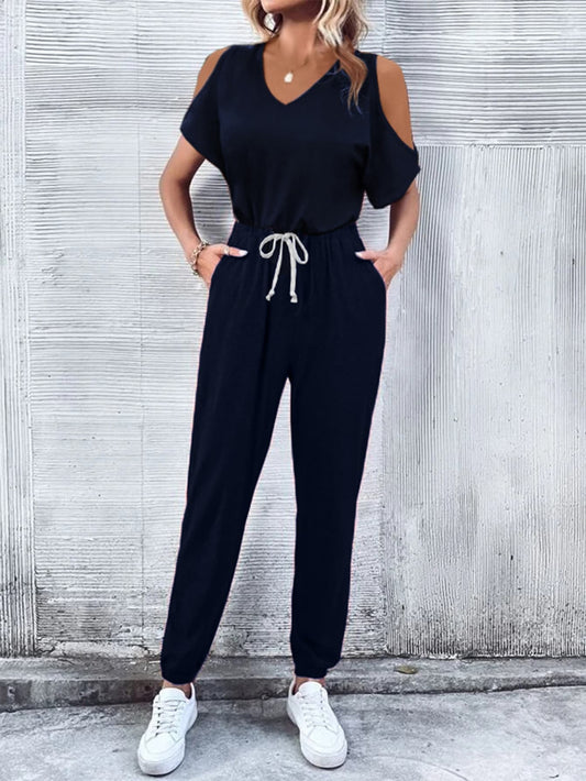 V-Neck Cold-Shoulder Jumpsuit with Pockets The Stout Steer