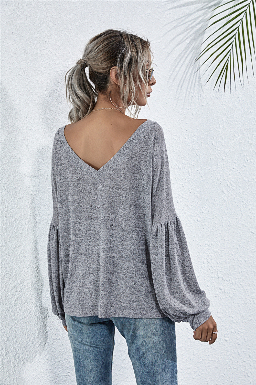 V-Neck Long Sleeve Dropped Shoulder Knit Top The Stout Steer