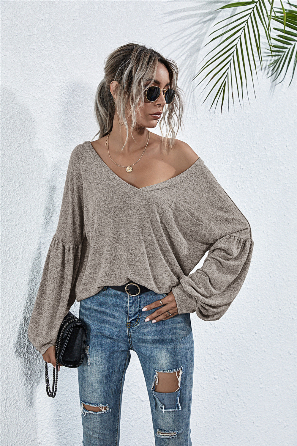 V-Neck Long Sleeve Dropped Shoulder Knit Top The Stout Steer