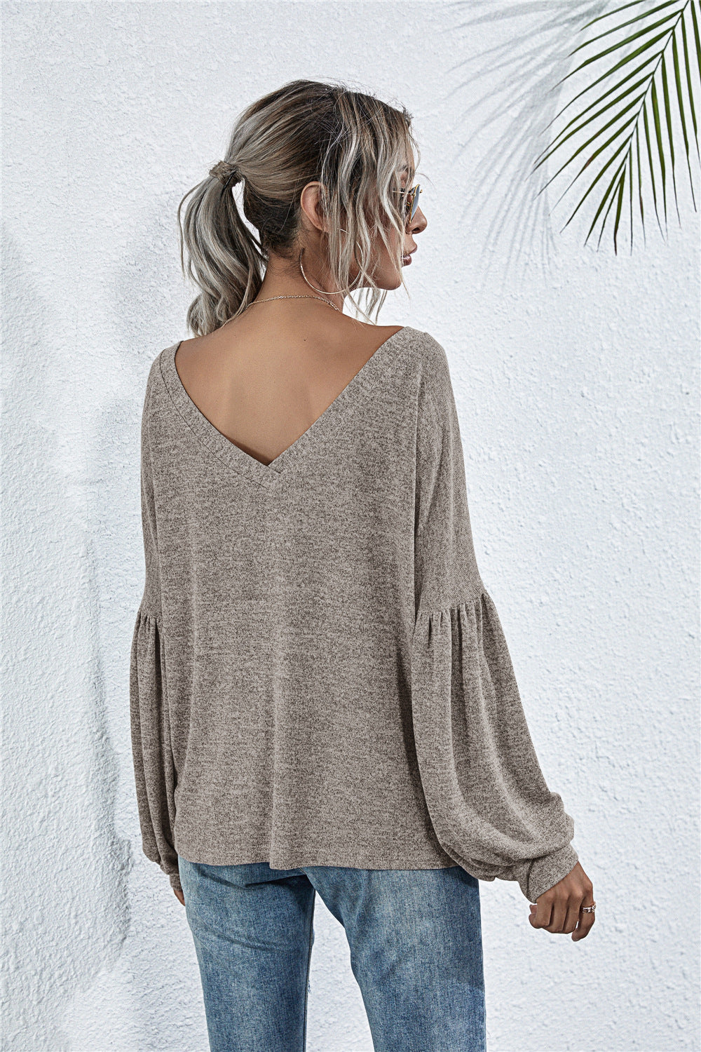 V-Neck Long Sleeve Dropped Shoulder Knit Top The Stout Steer