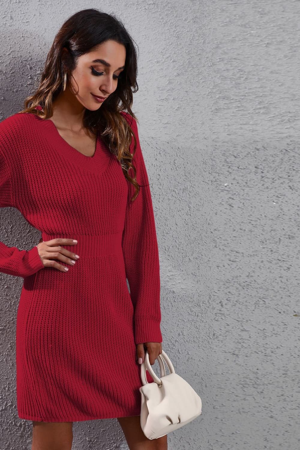 V-Neck Long Sleeve Rib-Knit Sweater Dress The Stout Steer