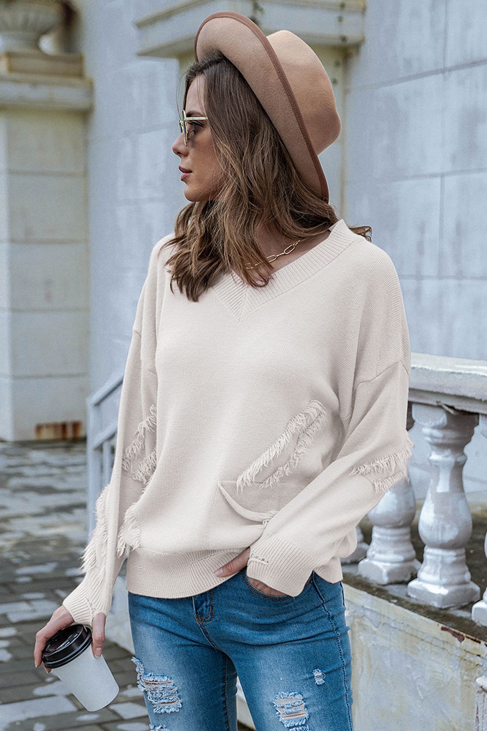 V-Neck Raw Hem Dropped Shoulder Sweater The Stout Steer