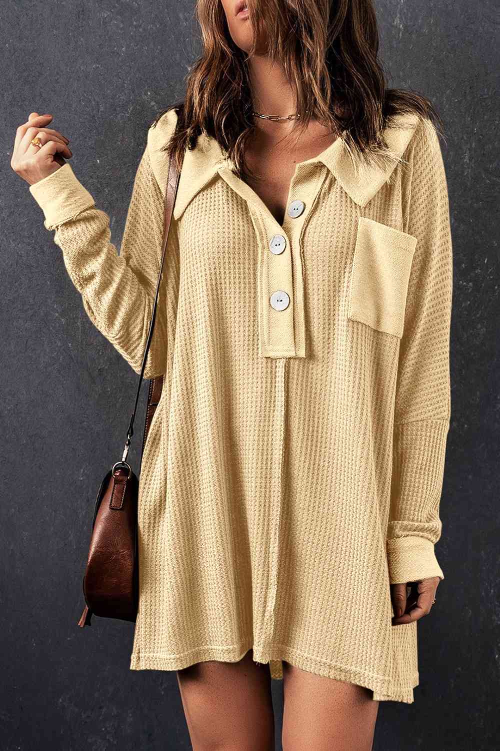 Waffle Knit Buttoned Long Sleeve Top with Breast Pocket