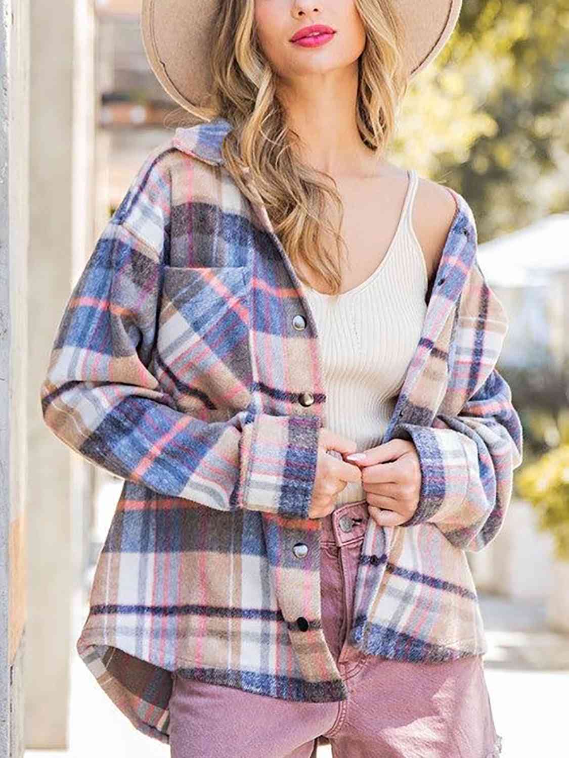 Snap Up Plaid Collared Neck Jacket with Pocket