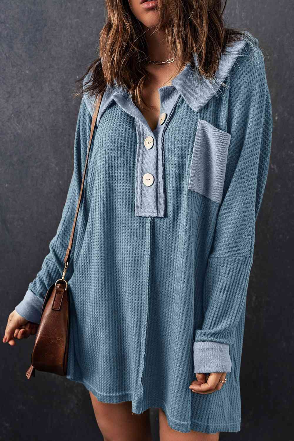 Waffle Knit Buttoned Long Sleeve Top with Breast Pocket