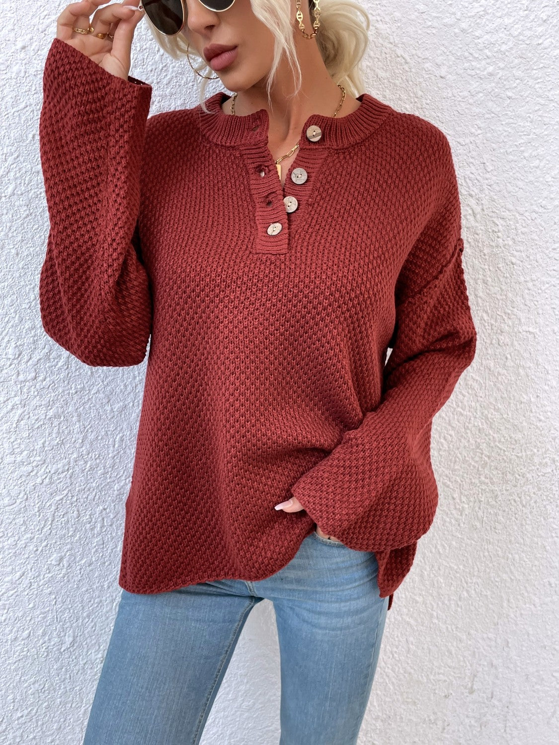 Quarter-Button Slit Sweater